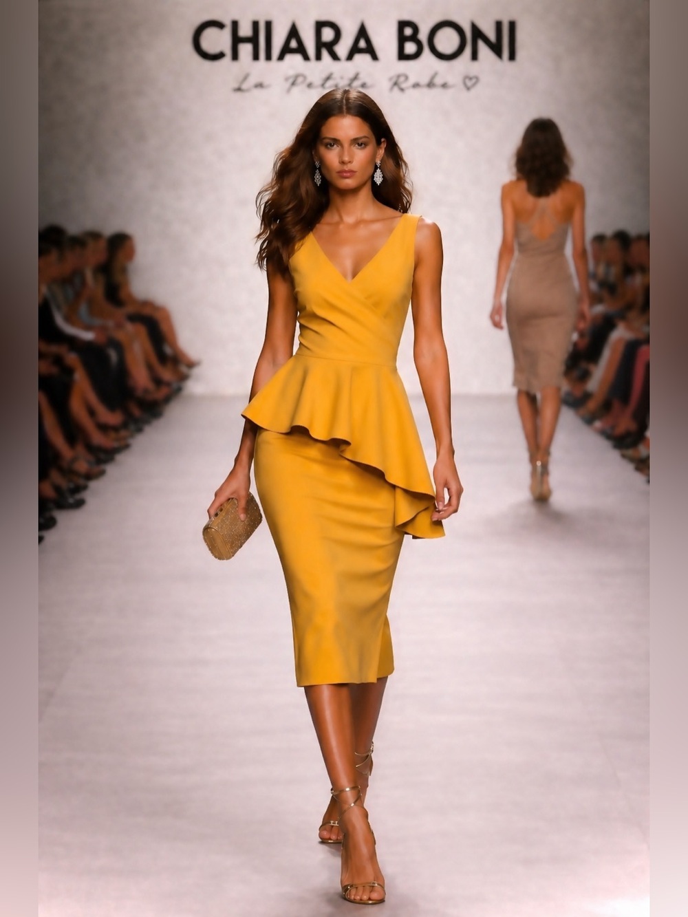 NWT Chiara Boni Mustard Peplum Sheath Dress US Sz 4 IT Sz 40 Elegant Luxe